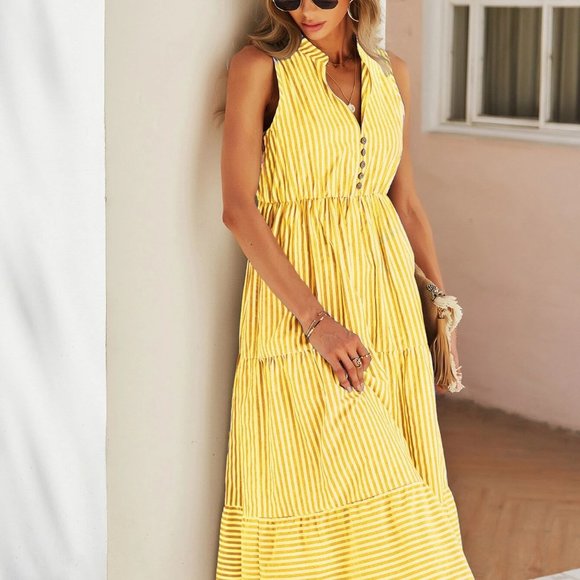 Yellow Boho Womens Striped Print Notched Neck A-line Dress - Picture 5 of 5